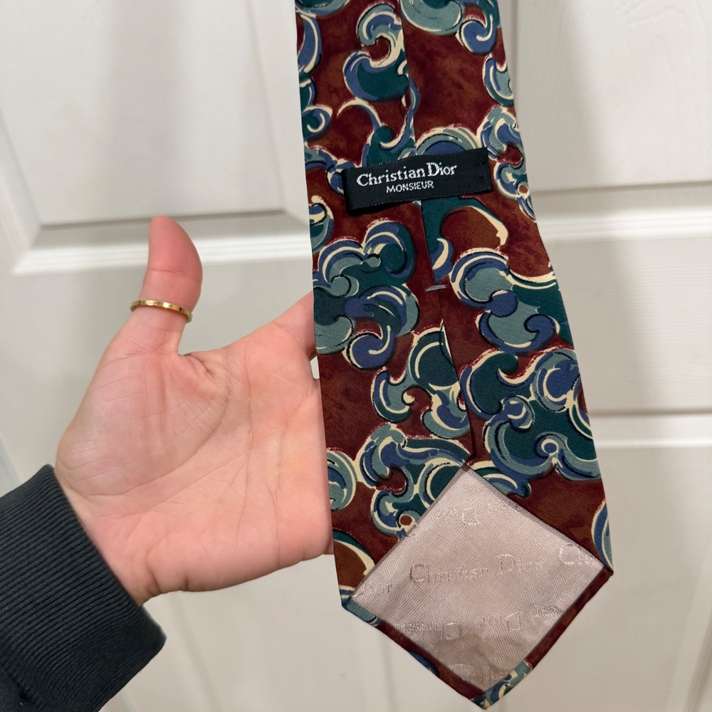 Christian Dior Monsieur Silk Tie Burgundy Teal Swirl Abstract Vintage Designer